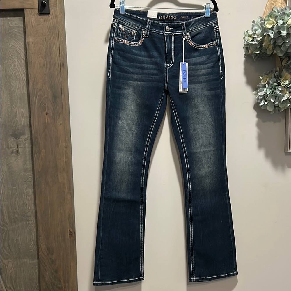 Grace in LA Indigo Boot Cut Jeans with White Stitching